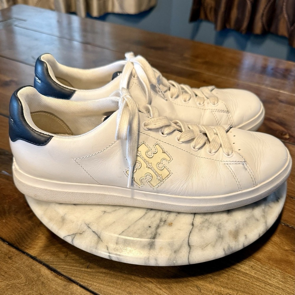Tory Burch Leather Double T Howell Court Sneaker Lace Up White Navy Women Sz 9